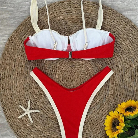 Red Sexy Women's Color Blocking Bikini Swimsuit - Picture 3 of 5